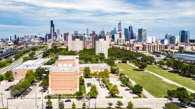 Aerial view of downtown Chicago Skyline with southside landscape