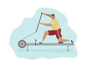 character man rower on canoe machine flat illustration