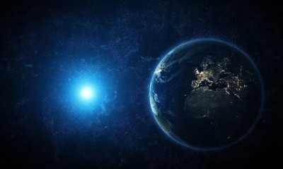 Fototapeta na wymiar View of Planet Earth from space during a sunrise. Europe at night viewed from space at night with city lights. 3D render. - Illustration 