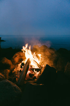 Close up view of campfire at night