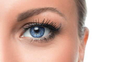 Close up photo of a woman's blue eye