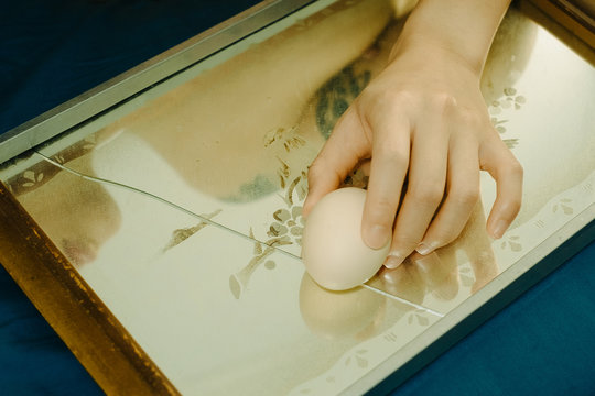 Woman holding egg placed on photo frame
