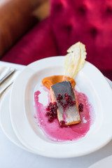 Poached Salmon with Pumpkin Puree and Berry Sauce on White Plate.