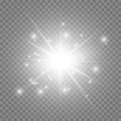 Special lens flash, light effect. The flash flashes rays and searchlight. White glowing light. Beautiful star Light from the rays. The sun is back-lit. Bright beautiful star. Sunlight. Glare.