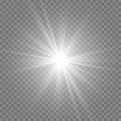 Special lens flash, light effect. The flash flashes rays and searchlight. White glowing light. Beautiful star Light from the rays. The sun is back-lit. Bright beautiful star. Sunlight. Glare.