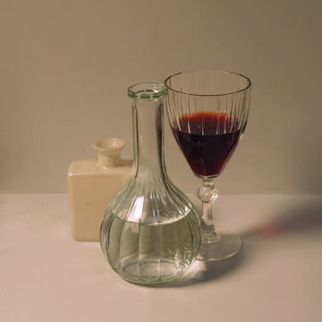 View of wine decanter and glass