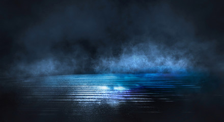 Dark night empty scene. Wet asphalt, red blue neon, smoke. Reflection of neon lights on a concrete floor. Neon smoke lines.
