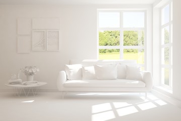 Mock up of stylish room in white color with sofa and green landscape in window. Scandinavian interior design. 3D illustration