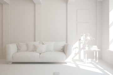 Mock up of stylish room in white color with sofa. Scandinavian interior design. 3D illustration