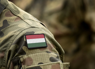 Flag of Hungary on military uniform. Army, troops, soldiers, Hungary (collage).