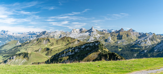Panaramic view on Swiss Alps as seen from top of Fronalpstock peak above the Stoos village - obrazy, fototapety, plakaty