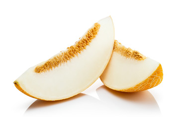 Delicious cut melon fruit, isolated on white background