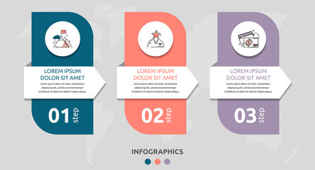 Vector infographic flat template rectangle and arrow for three diagrams, graph. Business concept with 3 circles. For content, flowchart, step for step, timeline, levels, marketing, presentation