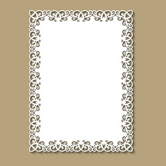 Laser cut template of ornamental frame with openwork decoration on gold background. Wedding or greeting invitation card with lacy edge of the border at vintage style. Rectangular vector silhouette.
