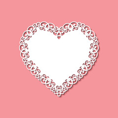 Laser cut template of ornamental frame with openwork decoration on red background. Wedding or Valentine's day invitation card with lacy edge of border. Vintage style. Shape of heart vector silhouette.