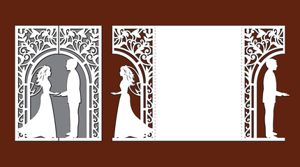 Laser cut template of wedding invitation card with bride and groom. Gate fold with openwork vector silhouette. Envelope for greeting postcard with lace decor arch. Panel with decorative design pattern
