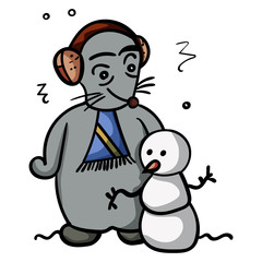 A mouse or rat sculpts a snowman. Winter holiday illustration 2020. - Vector. Vector illustration