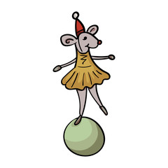 A mouse in a dress shows a performance on a ball. Cartoon mouse in a festive cap on a ball. - Vector. Vector illustration