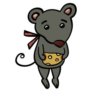 A mouse or rat holds cheese in its paws. Winter holiday illustration 2020. - Vector. Vector illustration