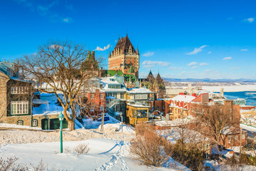 Cityscape view of Old Quebec City with Chateau Frontenac and St. Lawrence River in Winter