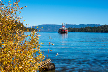 Historical ship on the Tahoe Lake. Beautiful excursion and nature around you.
