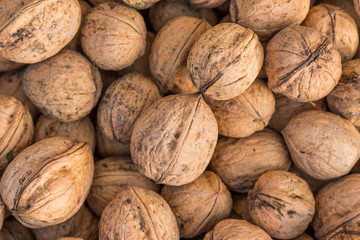 Walnuts. Whole walnuts background. Many walnuts close-up. Walnut texture.