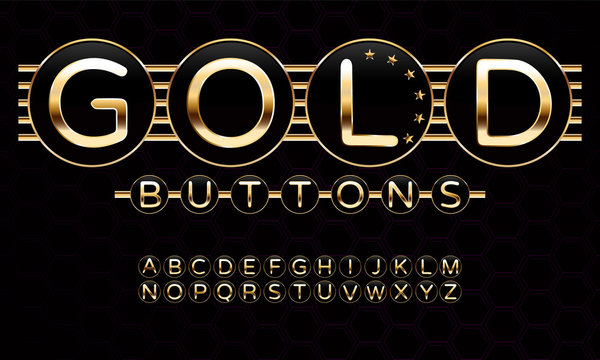 Gold decorative font and alphabet. Gold letters on black buttons. Vector illustration.