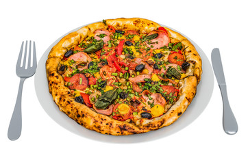 Pizza on plate with fork and knife, 3D rendering