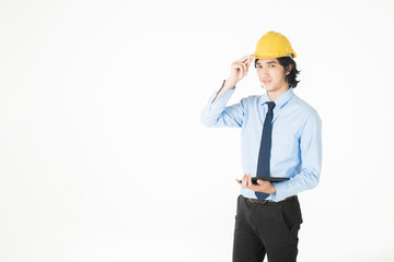 Portrait of Caucasian  handsome  engineering man is confident on white background