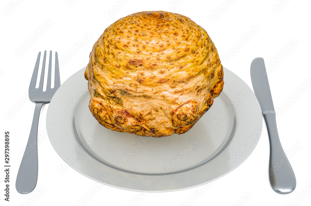 Poster fresh celery root on plate with fork and knife, 3d rendering