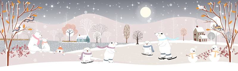 Winter landscape at night, Vector illustration of winter wonderland in village, snow falling in farm land with snow man and cute polar bear playing ice skates, Merry Christmas