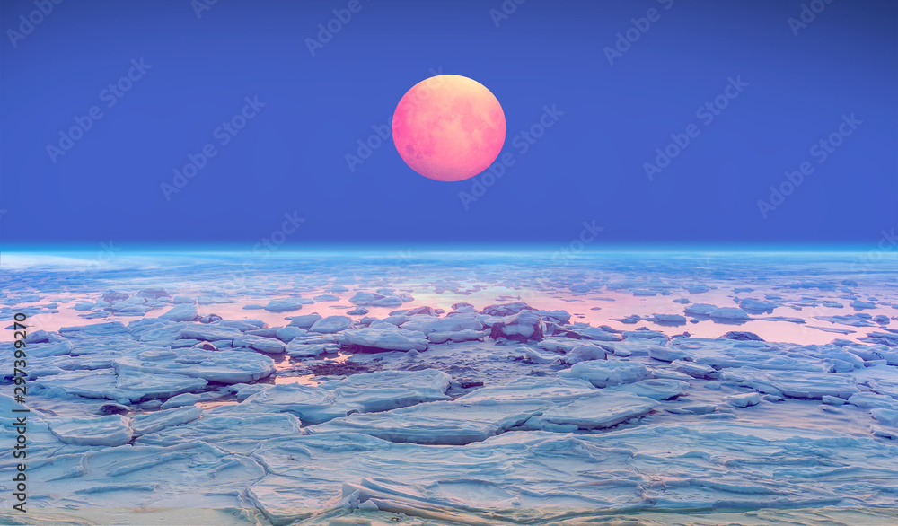 Poster lunar eclipse with ice on the ocean shore 