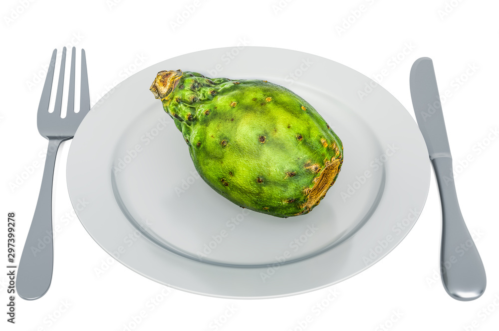 Poster cactus pear on plate with fork and knife, 3d rendering