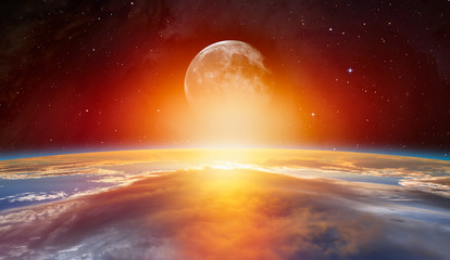 Planet Earth with moon on the foreground spectacular sunset "Elements of this image furnished by NASA"
