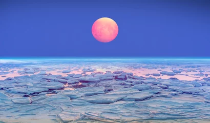Crédence de cuisine en verre imprimé Bleu Lunar eclipse with Ice on the ocean shore  "Elements of this image furnished by NASA"