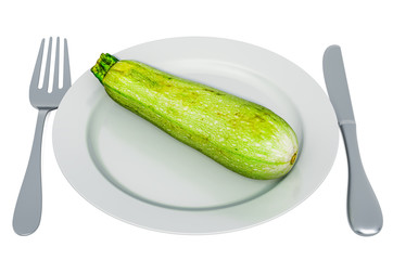 Courgette or zucchini on plate with fork and knife, 3D rendering