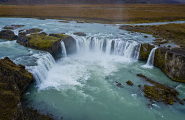 Godafoss, One of the most famous waterfalls in Iceland. Aerial drone shot in september 2019