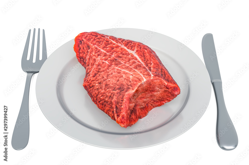 Poster raw beef on plate with fork and knife, 3d rendering