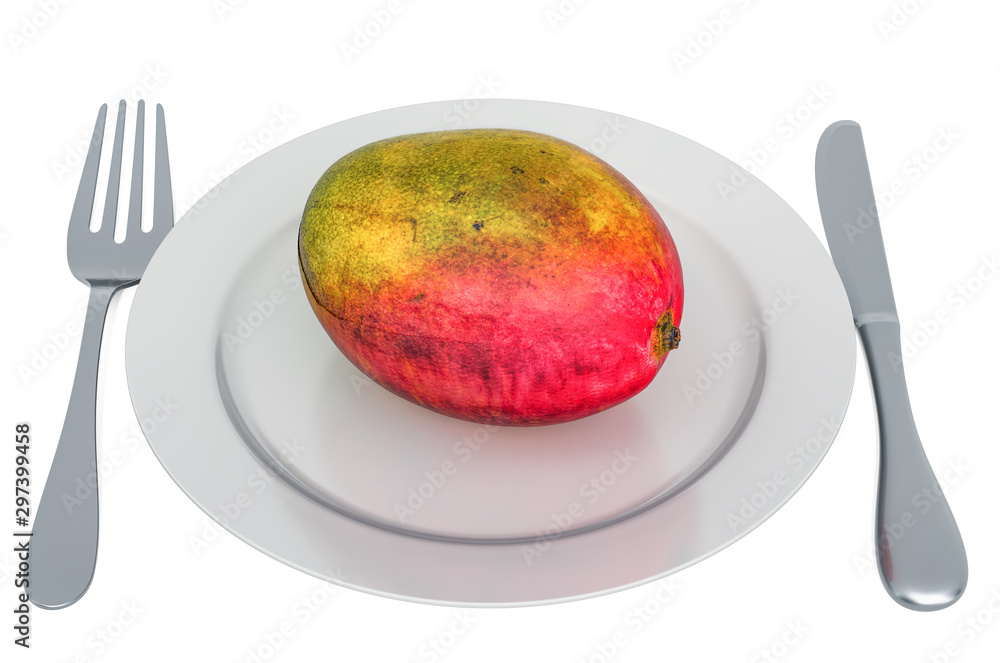 Poster mango on plate with fork and knife, 3d rendering
