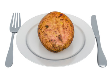 Fresh potato on plate with fork and knife, 3D rendering