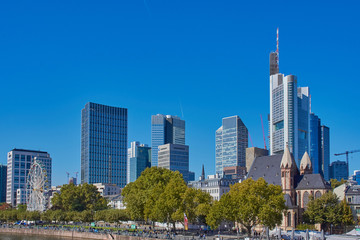 Fototapeta na wymiar Frankfurt, Germany - September 30, 2018: Cityscape of Frankfurt a. M. with its skyscrapers, view e.g. to Commerzbank building.