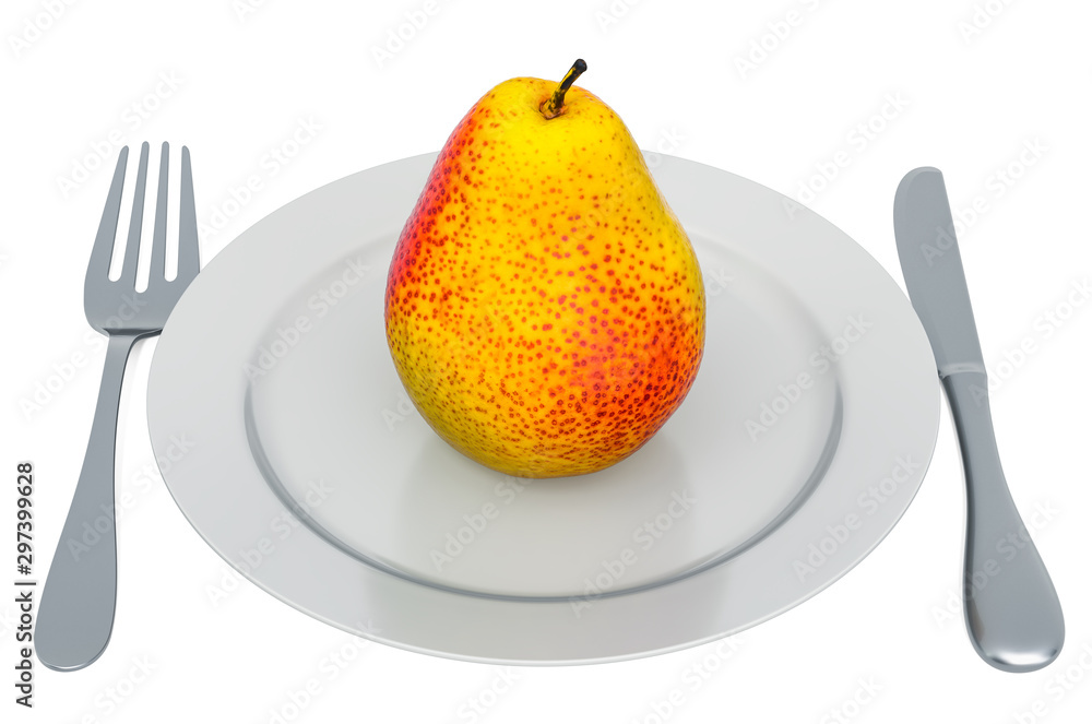 Poster pear on plate with fork and knife, 3d rendering