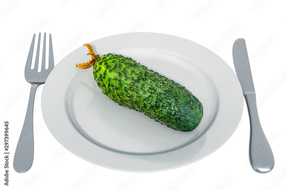 Aufkleber fresh cucumber on plate with fork and knife, 3d rendering