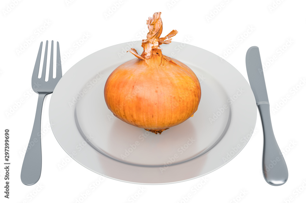 Poster fresh onion on plate with fork and knife, 3d rendering