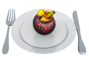 Mangosteen on plate with fork and knife, 3D rendering