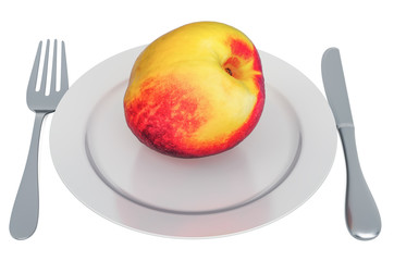 Nectarine on plate with fork and knife, 3D rendering