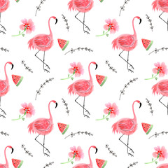 pink flamingo pattern with flowers on a white background