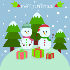 christmas card with snowman and gifts. flat design illustration