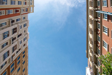 Facades of building seen from the street in the center of Madrid