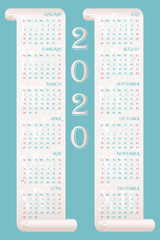 2020 wall calendar on two parchments. Week starts on Sunday. Vector editable template 10 EPS for poster, print, web